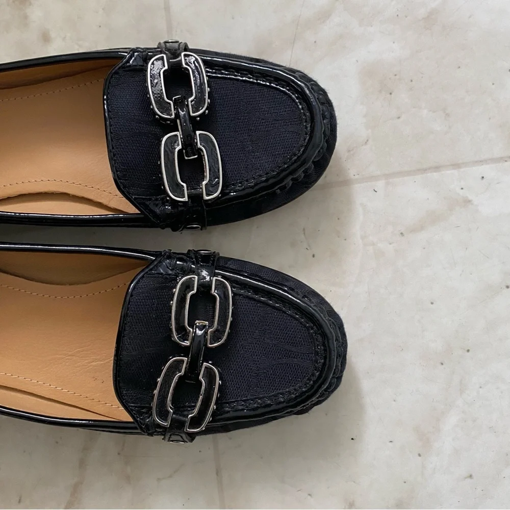 Coach Ella Signature Black Patent Leather Monogram Logo Flats Loafers Size 6B